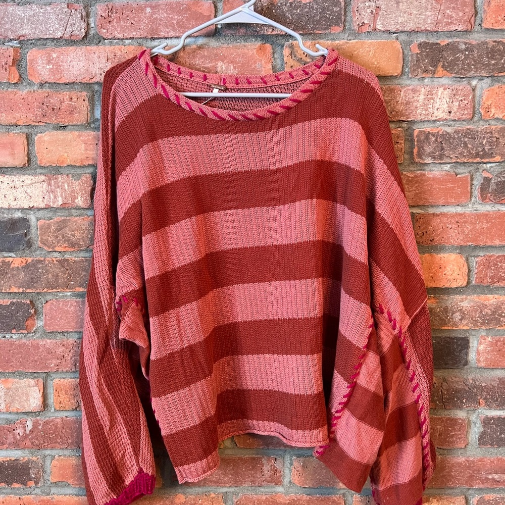 Free People Striped Pink & Rust Women’s Sweater - Casual Lightweight Knit